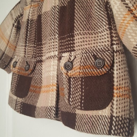 ELLE Brown Plaid Winter Coat Hood Vintage Style Retro - Picture 2 of 8